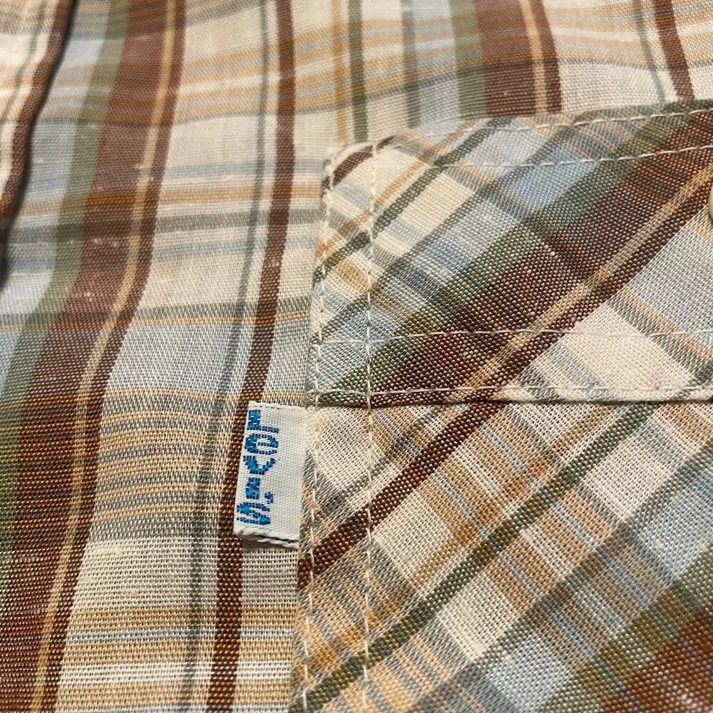 Vintage Levi’s Tapered Fit Plaid Button Up Western Shirt Mens Large Cream Tan